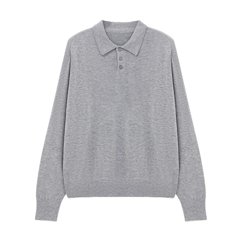 Basic House/百家好时髦polo领长袖针织衫柔软舒适绵羊毛套头上衣