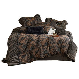 法式中古风高级牛奶绒四件套褶皱花边印花被套床单珊瑚绒冬季床品