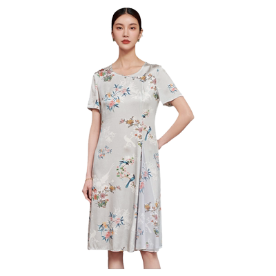 佐尔美高质感 气质时尚碎花桑蚕丝短袖连衣裙女M42LS35