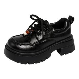 黑色乐福鞋女款2026春夏季新款英伦风小皮鞋系带厚底增高高跟单鞋