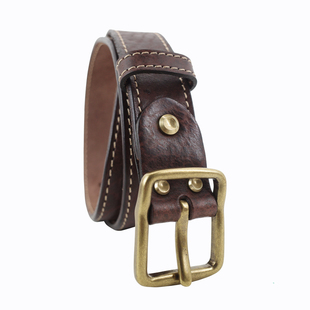 美式复古阿美咔叽头层牛皮铜扣做旧男士牛仔裤工装皮带腰带3.8宽
