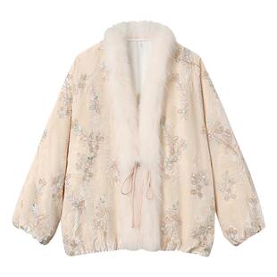 新中式国风秋冬刺绣亮片毛毛上衣女复古丝绒加厚羽绒服外套 NX034