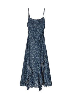Desigual26【明星同款】春夏新品牛仔花卉印花毛边开衩吊带连衣裙