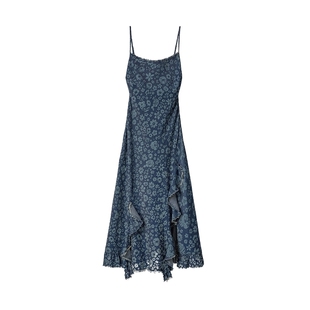 Desigual【明星同款】新品牛仔花卉印花毛边开衩吊带连衣裙