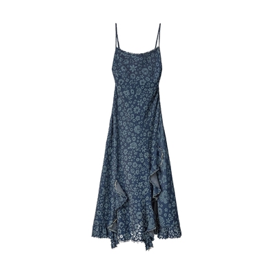 Desigual【明星同款】新品牛仔花卉印花毛边开衩吊带连衣裙