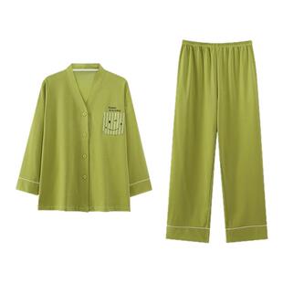 卡之恋纯棉睡衣女长袖春秋季绿色和服日式笑脸印花套装学生家居服