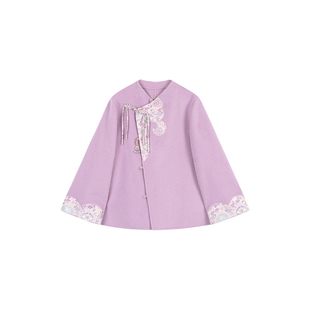 年终特惠【笙紫嫣】国风新中式刺绣绵羊毛丁香紫外套半裙套装