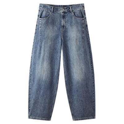 森马复古做旧弧形弯刀牛仔长裤男