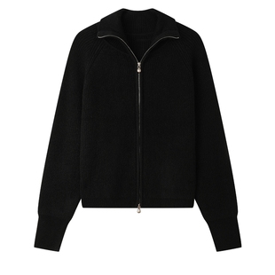 白鹿语休闲翻领拉链开衫外套秋冬款时尚简约插肩袖坑条女式针织衫