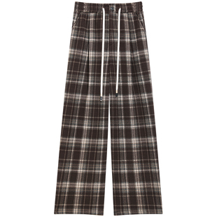 复古红色格子裤女春秋冬高腰显瘦直筒裤宽松呢格纹休闲加绒阔腿裤