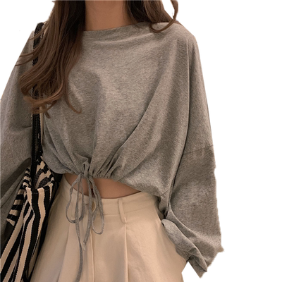 抽绳短款露脐长袖T恤女