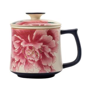 牡丹花青花岩矿白办公杯茶水分离泡茶杯复古陶瓷水杯带盖个人专用