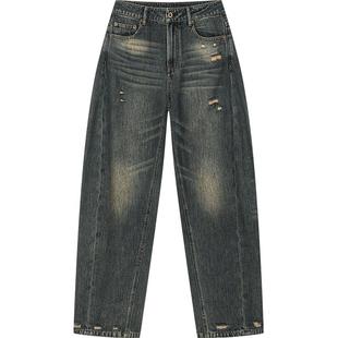 UOOYAA/乌丫2025春季新款做旧水洗弯刀牛仔裤