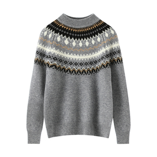 【100%羊毛】儿童费尔岛羊毛衫半高领复古提花加厚红色毛衣羊绒衫