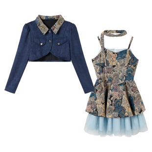 织物猪 软糖小熊 藏青色吊带连衣裙女春季网纱拼接复古花苞短裙子