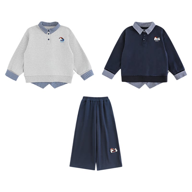 幼悠男童2026春秋新款长袖假两件卫衣宽松阔腿针织裤慵懒省心套装