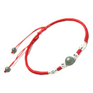 玉珠路路通纯银红绳脚链女本命年手工编织玉石红绳手链男女款礼物