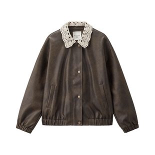设计师款佐丹奴擦色皮衣女装软皮外套拼接蕾丝翻领皮夹克18375511