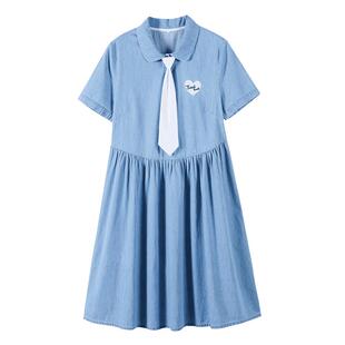 简约牛仔连衣裙少女夏季班服高中初中生学院风薄中长款牛仔裙子女