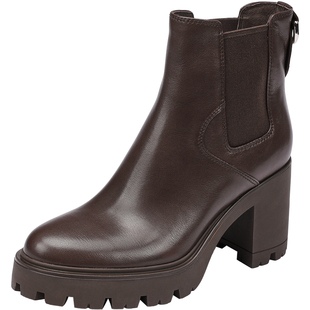 Hongkee/红科短靴2024新款牛皮厚底防水台高跟切尔西女靴H074S402