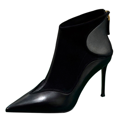 尖头高跟短靴2025新款细跟黑色靴子女秋冬加绒小个子真皮女鞋增高