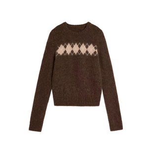 【正确版】at同款羊毛混纺正肩直筒菱形格复古休闲圆领套头毛衣女