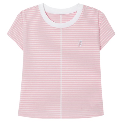 PSO Brand女装可爱小狗条纹修身圆领短袖t恤女显瘦短款上衣夏季