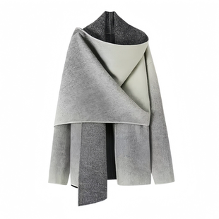灰色双面呢斗篷外套女秋冬高级感韩系慵懒风中长款围巾渐变色大衣