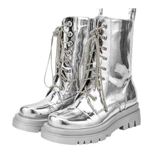 欧美英伦风银色亮漆皮松糕厚底马丁靴模特走秀舞台演出短靴大码鞋