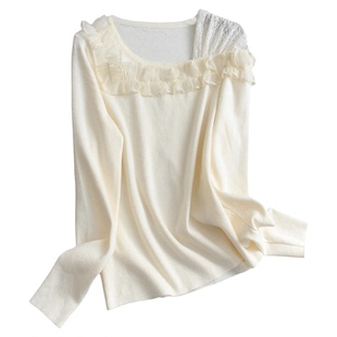 蕾丝拼接木耳边修身打底针织衫可配一整套亮丝丝绒半身裙套装Q752