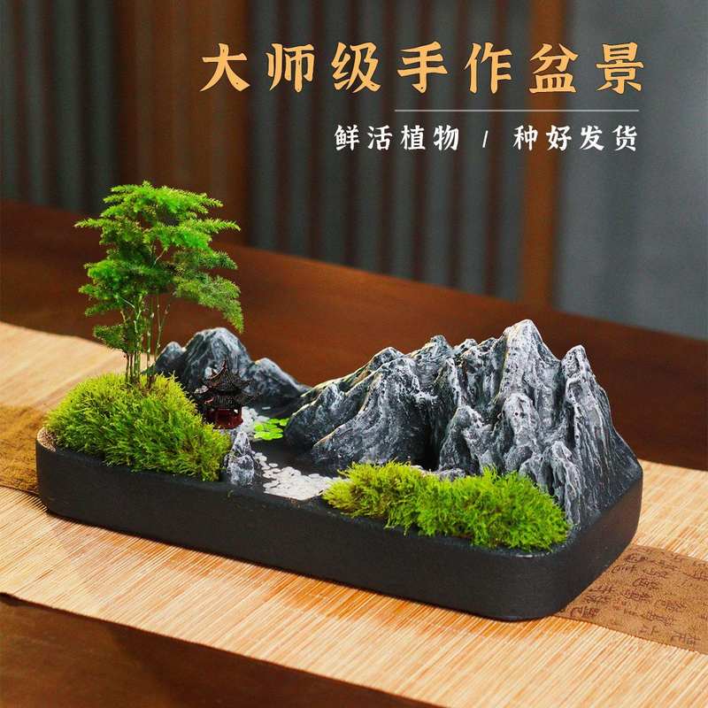 中式假山水盆景盆栽微景观仿真石头植物组合成品原创水泥摆件礼物