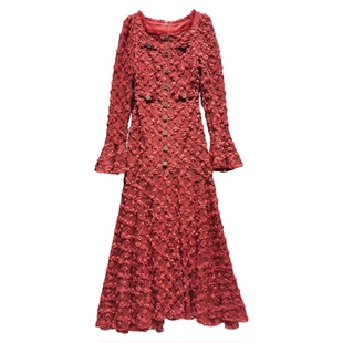 办婚礼礼服日常过生派对宴会时尚圆领气质春秋黑色红色长袖连衣裙