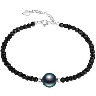 黛米珠宝 魅媛 9-10mm正圆大溪地黑珍珠手链女S925银海水珍珠项链