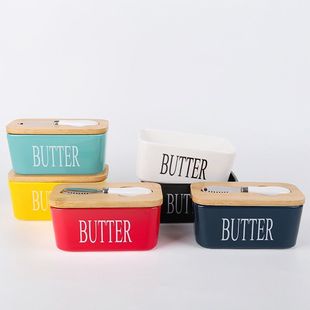 陶瓷长方形牛油盒黄油盒跨境西式 竹盖配套带抹刀密封储存批发