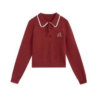 紫涵撞色花边翻领修身针织衫毛衣女冬季新款绣花内搭休闲短款上衣