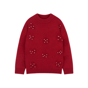 Amybaby女童上衣冬季2025新款保暖圣诞毛毛爱心珠珠可爱圆领毛衣