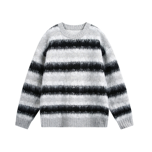 TIRED美式复古拼色条纹毛衣男女秋冬季情侣慵懒风针织衫百搭上衣