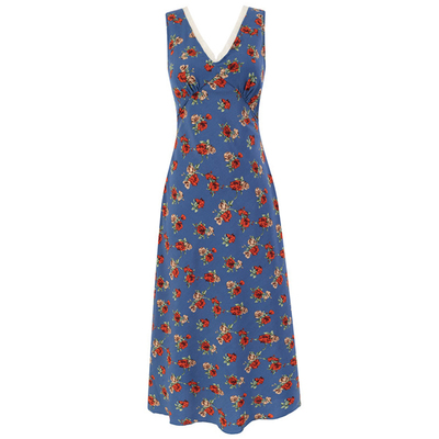 【包邮】法式复古V领收腰显瘦碎花连衣裙女宽肩带无袖收腰度假裙