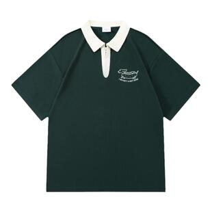 Gbiaior墨绿色翻领衫polo短袖t恤女微胖显瘦情侣宽松休闲圆领上衣