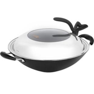 豪森尖底炒锅不粘锅老式家用多功能双耳生铸铁锅具燃气灶适用40cm