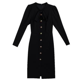 罗衣知性黑色弹力针织连衣裙女冬季重要场合修身通勤中长裙07656