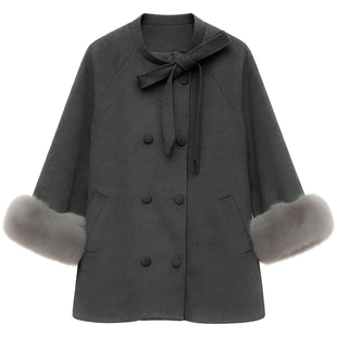 DM100大码百分百女装微胖mm冬季千金风立领蝴蝶结宽松毛呢外套