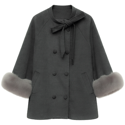 DM100大码百分百女装微胖mm冬季千金风立领蝴蝶结宽松毛呢外套