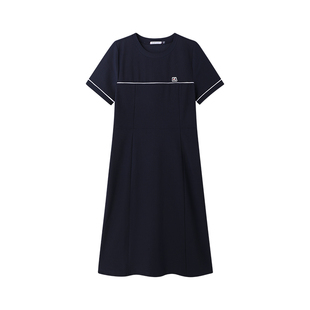 ELLE Active简约撞色a字裙女圆领短袖连衣裙女夏高级感裙子