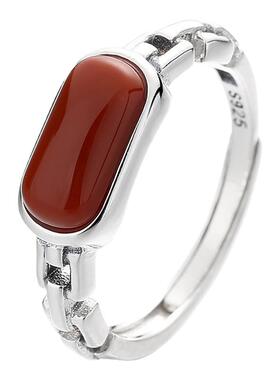 S925纯银南红天然红宝石红色玛瑙文艺气质开口戒指女款