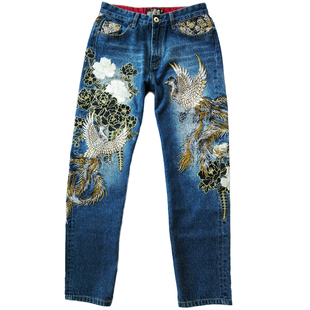 仏喜罗坊 日本和柄限量刺绣纹身刺青直筒牛仔长裤男凤凰有超大码