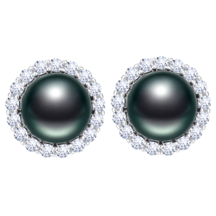 黛米珠宝 万花筒 8-9mm圆形海水大溪地黑珍珠耳钉女 S925银太阳花