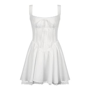 FUNOFF 初恋#法式气质褶皱白色蕾丝拼接吊带连衣裙黑色收腰裙子