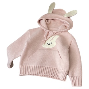 女童女宝可爱2025秋天小兔提花连帽针织卫衣帽衫小童毛衣外套洋气