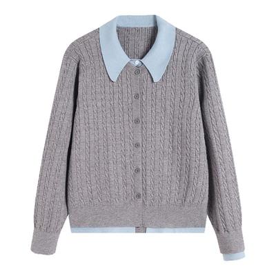 弥古撞色翻领polo领针织衫女修身2025新款秋冬内搭打底假两件上衣